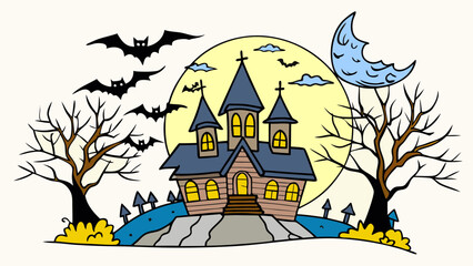 Haunted house stands ominously under a glowing crescent moon while bats fly through the night sky to create a spooky atmosphere for Halloween-themed creative projects or seasonal party invitations. © Sami