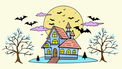 House stands eerily under a large full moon surrounded by flying bats and bare trees during a spooky autumn night. © Sami