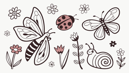 Insects and flowers are depicted in a charming hand-drawn doodle style that is perfect for children's coloring books or creative project decorations, featuring copy space for custom designs. © Sami