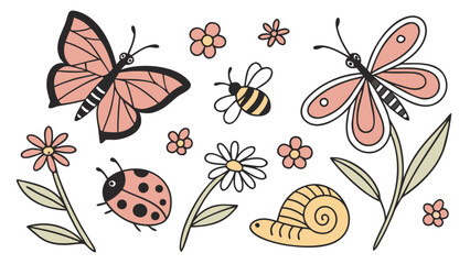 Insects including butterflies, a bee, and a snail are illustrated alongside delicate flowers in a charming botanical composition. © Sami