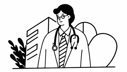 Doctor wearing a stethoscope stands in front of a medical facility and decorative plant elements. © Sami