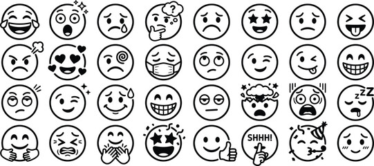 Fototapeta premium Emotion icons, emoticon faces, black and white vector set, 30 emoticons, line art expressions