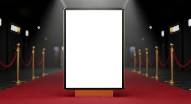 Blank billboard on red carpet with spotlights, perfect for advertising and promotions in a luxurious setting.
