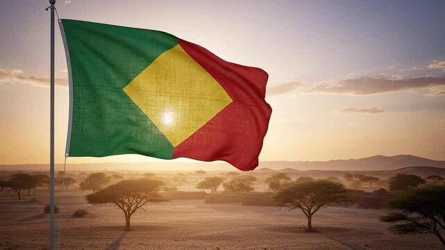 Mali Flag Waving Desert Landscape Sunset.