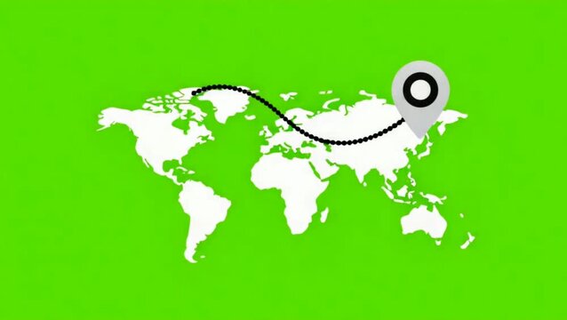Vector Suitcase Animation Opening to Reveal World Map with Travel Route and Destination Pin on Green Screen