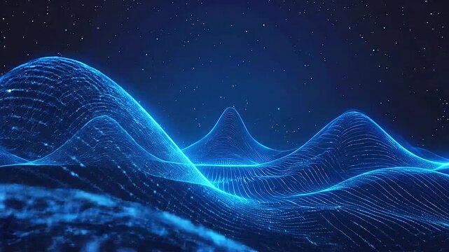 Abstract digital landscape with glowing blue light waves and stars