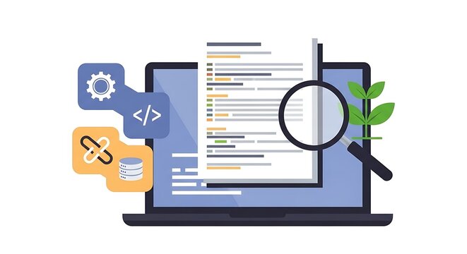 A graphic illustration of a laptop with a magnifying glass on a coding webpage surrounded by development and growth symbols.