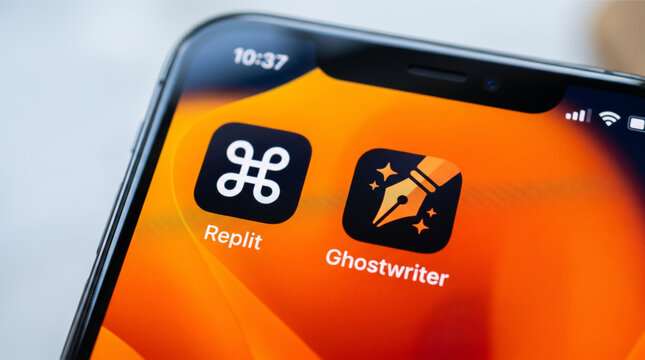 Replit app and Ghostwriter AI coding assistant icons on smartphone screen. Cloud-based development environment and generative AI technology for software programming, coding, and web development.