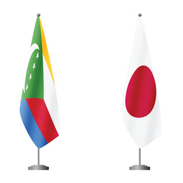 Comoros and Japan flags on flagpoles for official ceremonies and meetings, transparent background vector