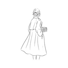 Fototapeta premium Minimalist vector line art sketch of a woman holding a stack of books from behind, simple female student outline drawing. 
