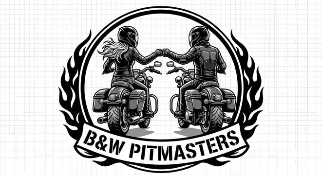 Emblematic Vector Graphic Featuring A Couple Riding Motorcycles And Fist Bumping Inside A Flaming Border With Bold Typography