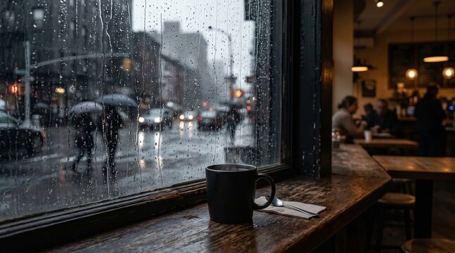 Moody rainy day coffee shop window view, dark mug on wooden counter, blurred city street with rain droplets on glass, cozy cafe atmosphere