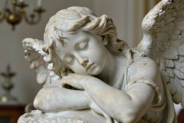 Fototapeta premium A close up of a statue of an angel holding a baby