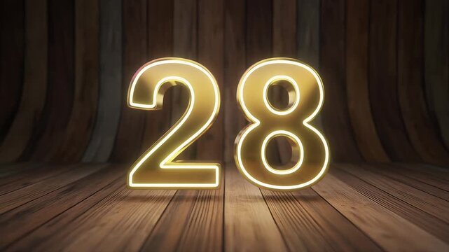 Elegant golden Realistic set of neon number 28 for decoration and covering on the wooden
