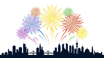 Fototapeta premium City skyline, colorful fireworks display, urban celebration, night time