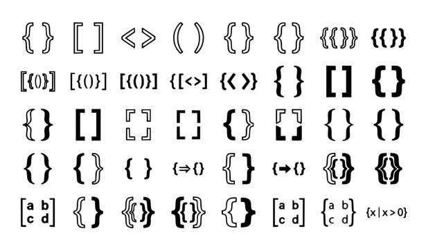 Typographic Brackets and Programming Parentheses Icon Set Featuring Curly Braces Square Matrices and Math Symbol Variations for Coding and Academic Designs