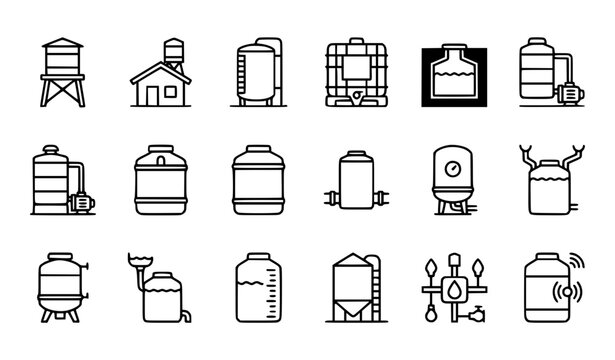 Water Tank and Storage Container Line Icon Set Featuring Industrial Silos, Reservoirs, and Liquid Distribution Systems for Engineering and Plumbing Designs