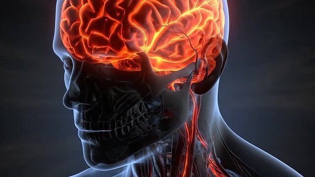 A glowing human brain inside a dark anatomical medical model