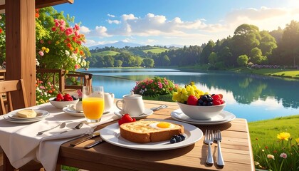 Fototapeta premium A serene lakeside breakfast setting with a delicious spread