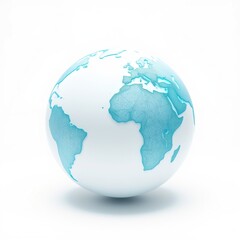 Fototapeta premium Blue globe depicts Earth, continents visible. White background creates clean, simple presentation. Focus on geography, world representation.