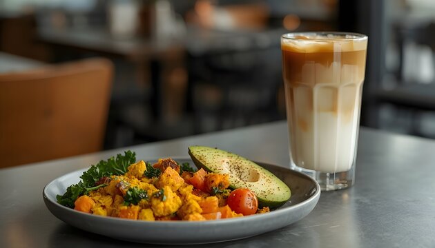 Healthy breakfast with tofu scramble avocado and iced latte coffee on table in cafe