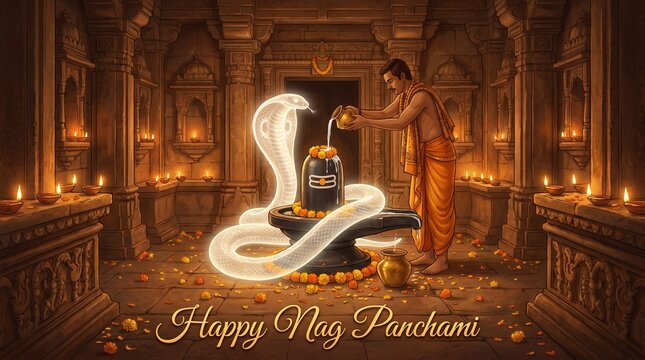Devotee performs ritual for nag panchami with divine cobra and shiva lingam