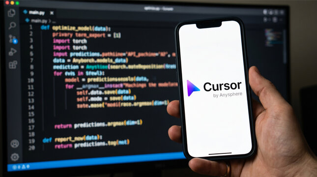 Hand holding smartphone with Cursor by Anysphere AI code editor logo on screen in front of computer monitor with Python programming code background, AI coding assistant tool for software developers.