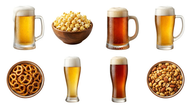 Cold beer glasses and salty bar snacks set, assorted lager and ale mugs, popcorn and pretzels