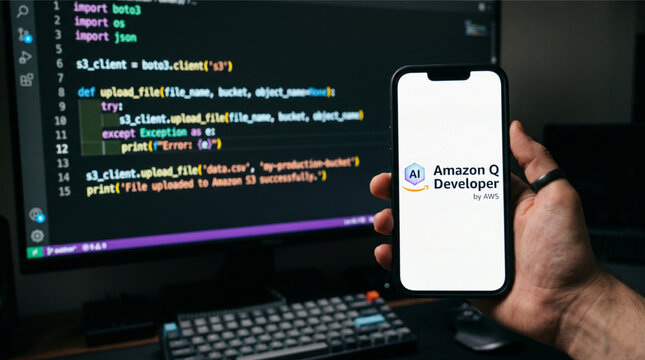 Amazon Q Developer by AWS app on smartphone screen with coding background. Advanced AI coding assistant by Amazon Web Services for software development, cloud computing and generative AI tasks.