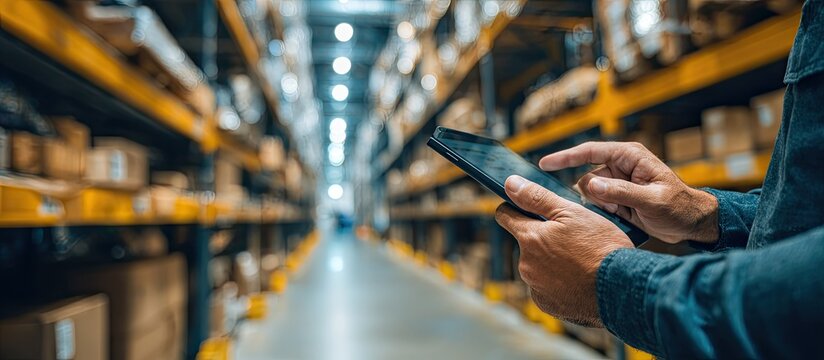 Person Using Smartphone in Warehouse Storage Facility with Shelves of Boxes