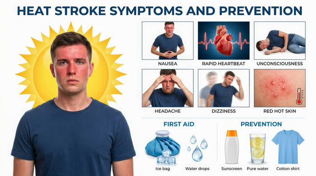 Heat stroke prevention guide with symptom chart and first aid tip illustration for health awareness. emergency risk health warning. safety temperature protection, dehydration danger sun summer