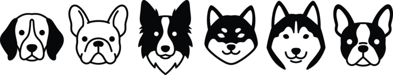Dog Breed Face Icons Collection Black and White Cartoon Pet Head Vector Illustration Set © MdShah