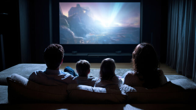 Family watching movie together on home theater screen