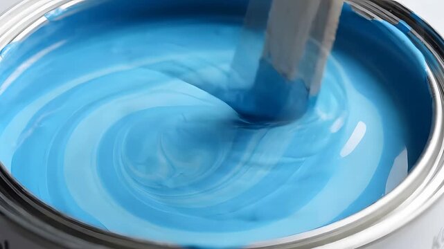 Blue liquid paint bucket swirling vortex mixing stick, vibrant colors. Suitable for art, creativity, design, painting, and artistic backgrounds.