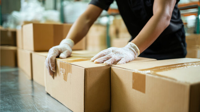 Warehouse worker moving cardboard box with gloves