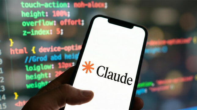Hand holding smartphone with Claude AI logo by Anthropic on screen in front of computer monitor with programming code. Generative artificial intelligence, language model, and chatbot technology.