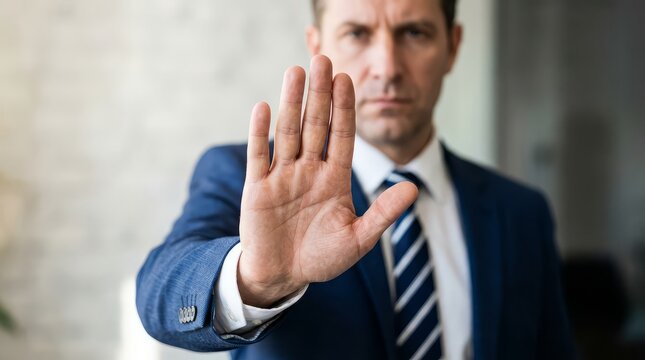 Professional businessman making a stern stop gesture with his hand in a modern office setting to convey authority and firm boundaries for corporate communication