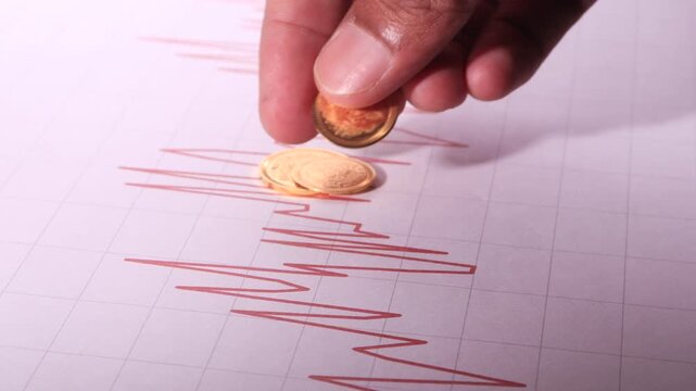 Hand Placing Gold Coins on Financial Chart for Investment Inflation and Market Risk Concept