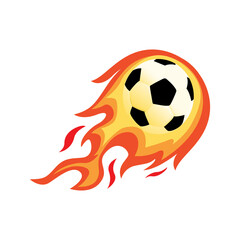 Fototapeta premium Classic black and white soccer ball engulfed in bright orange and yellow stylized flames moving at speed isolated on a transparent background