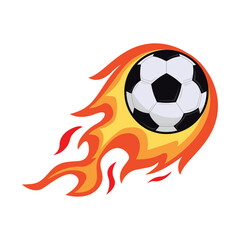 Fototapeta premium Classic black and white soccer ball moving at speed with a bright orange and yellow flame trail isolated on a transparent background