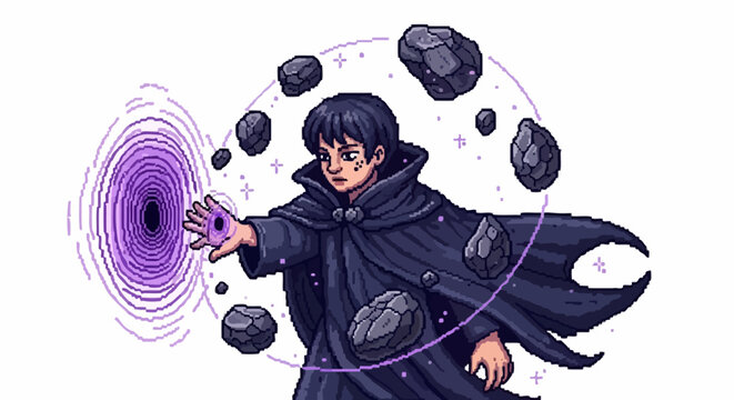 Young wizard conjuring dark magic with floating rocks.