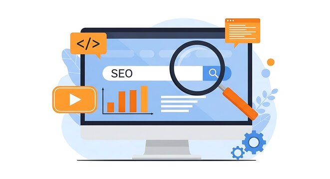 A graphic illustration of a computer screen displaying SEO optimization tools and graphs on the interface with a magnifying glass and gears.