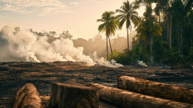 Volcanic lava flow emitting steam and smoke in tropical landscape with tall palm tree forest at golden hour sunset time