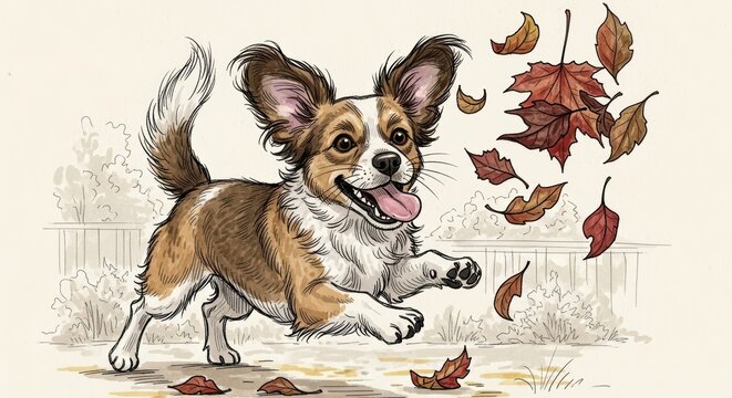 Playful dog frolicking in autumn leaves: energetic pet enjoys fall outdoors