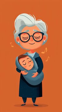 Grandmother cradling sleeping newborn baby singing lullaby flat vector illustration over orange background