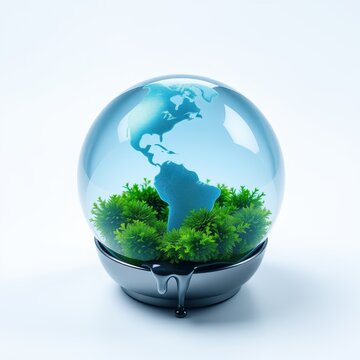 Globe inside glass dome. Lush greenery below represents earths ecosystems. Symbolizes fragility, protection, environment. Future depends on conservation efforts.