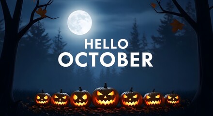 Hello october text with glowing jackolantern pumpkins in dark forest at night, full moon, spooky atmosphere, halloween season, autumn holiday