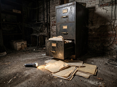 Grungy old filing cabinet in dark abandoned room with flashlight