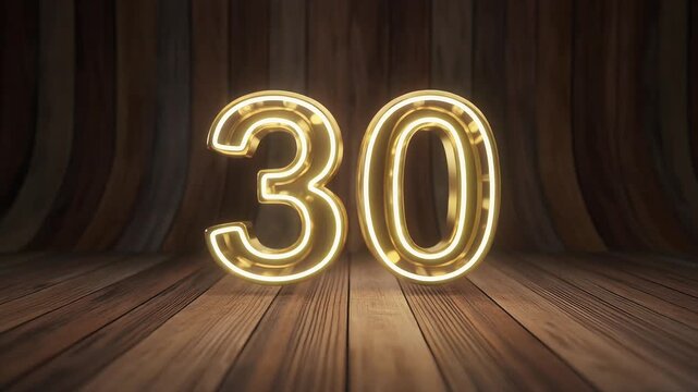 Elegant golden Realistic set of neon number 30 for decoration and covering on the wooden
