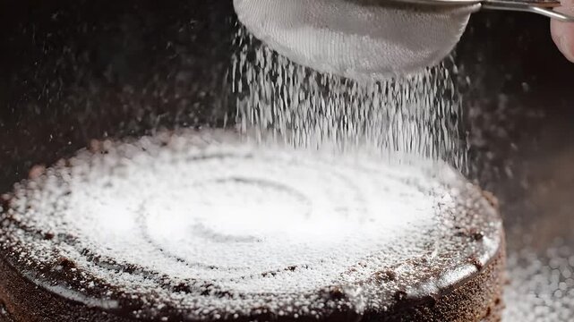 White powdered sugar falling through metal sieve onto a chocolate cake surface for culinary dust coating. Perfect for food blogs and recipe websites.